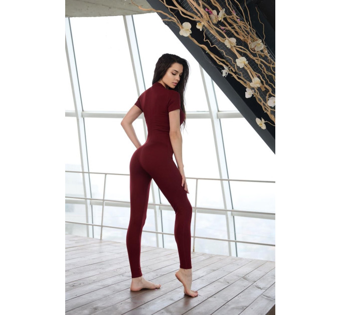 Women's sports jumpsuit with a zipper Mind Body Shemer Marsala T-shirt in marsala color