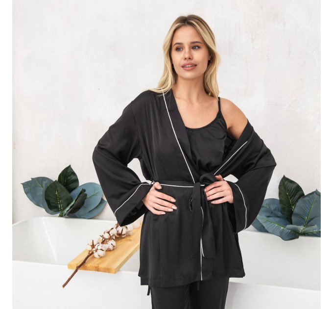 Raya Women's 4-Piece Black Armani Silk Pajama Set (Robe, Top, Shorts & Pants)