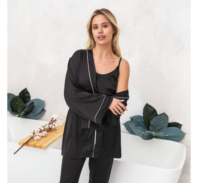 Raya Women's 4-Piece Black Armani Silk Pajama Set (Robe, Top, Shorts & Pants)